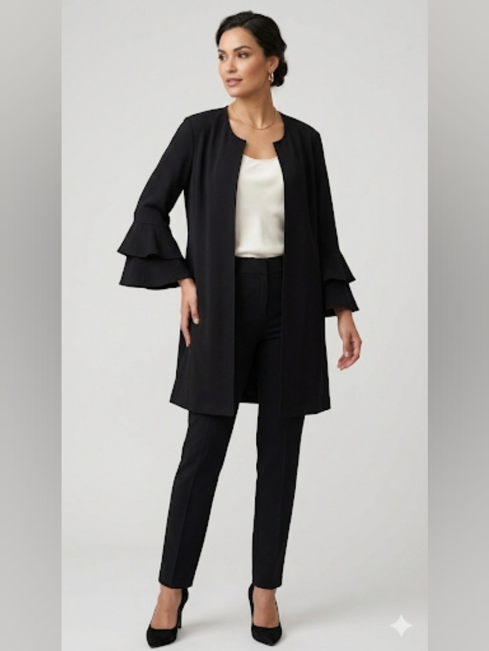 Joseph Ribkoff Black Open Front Jacket Size 22 Plus Ruffle Sleeve Elegant Layer